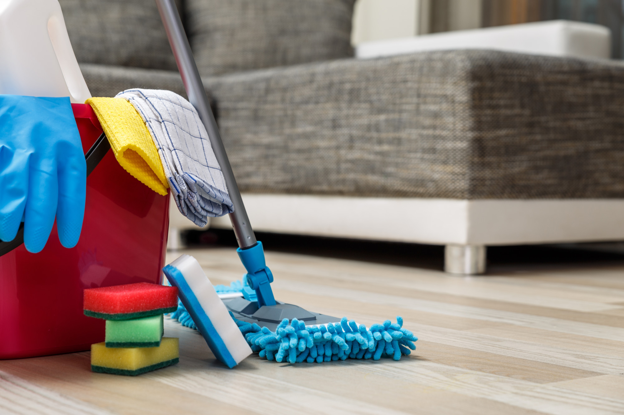 Deep cleaning supplies on a home floor